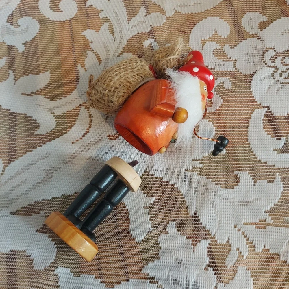 Vintage Wooden Incense Smoker Gnome Santa Figurine Red Mushroom Hat 6